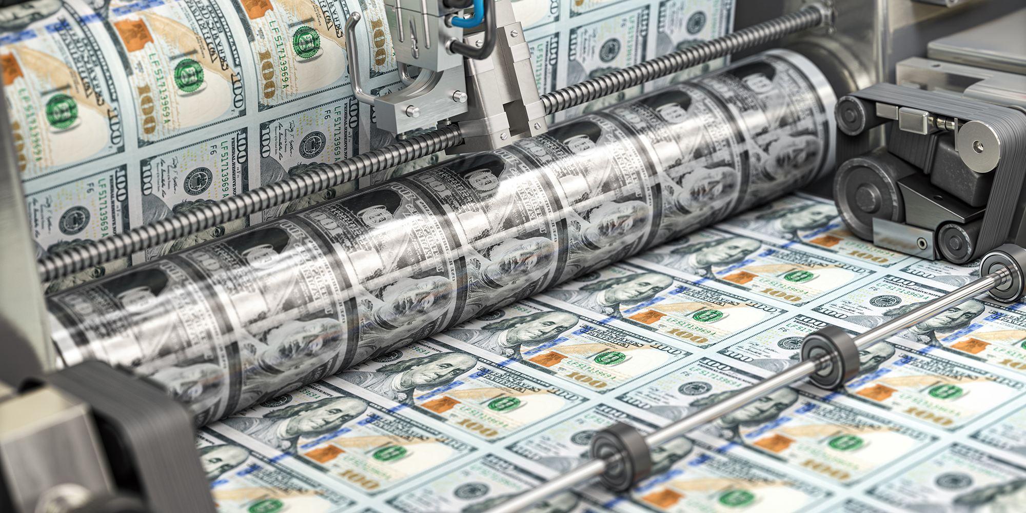 Printing money dollar bills on a print machine in typography.. Finance, tax, stock market and investment, making money concept. 3d illustration
